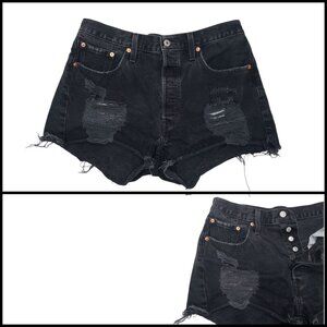 Levi's 501 Button Fly Jean Shorts Distressed Fray Boho Festival Black Womens 32